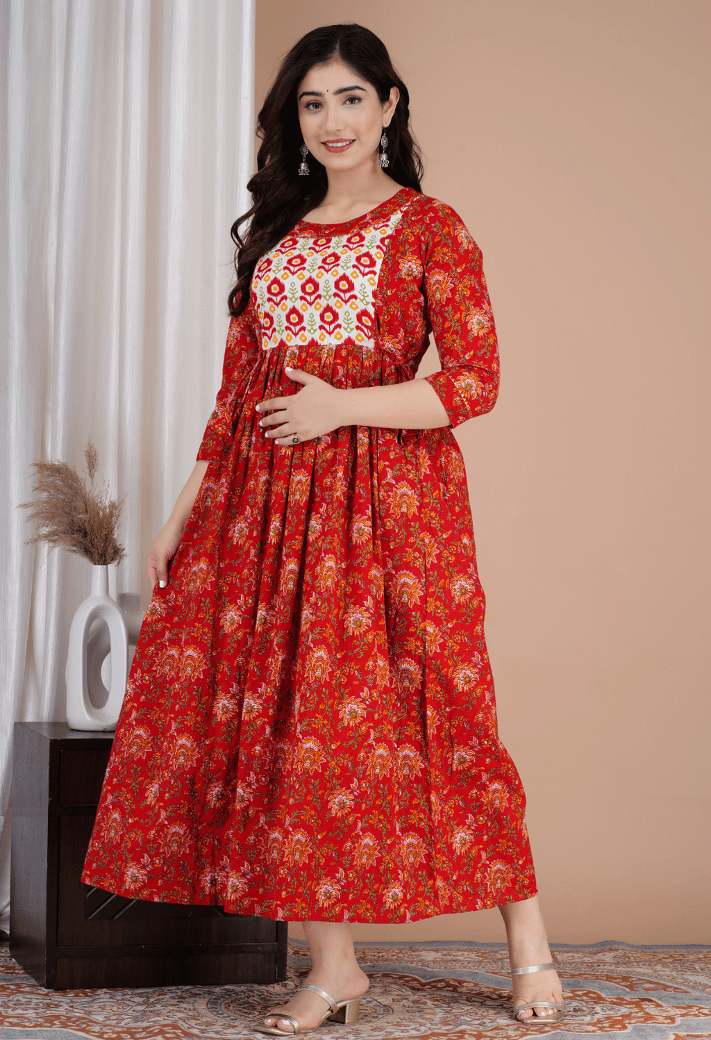 Rust Red Floral Printed Viscose Rayon Maternity & Feeding Maxi Dress