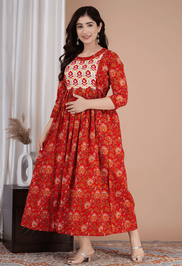 Rust Red Floral Printed Viscose Rayon Maternity & Feeding Maxi Dress