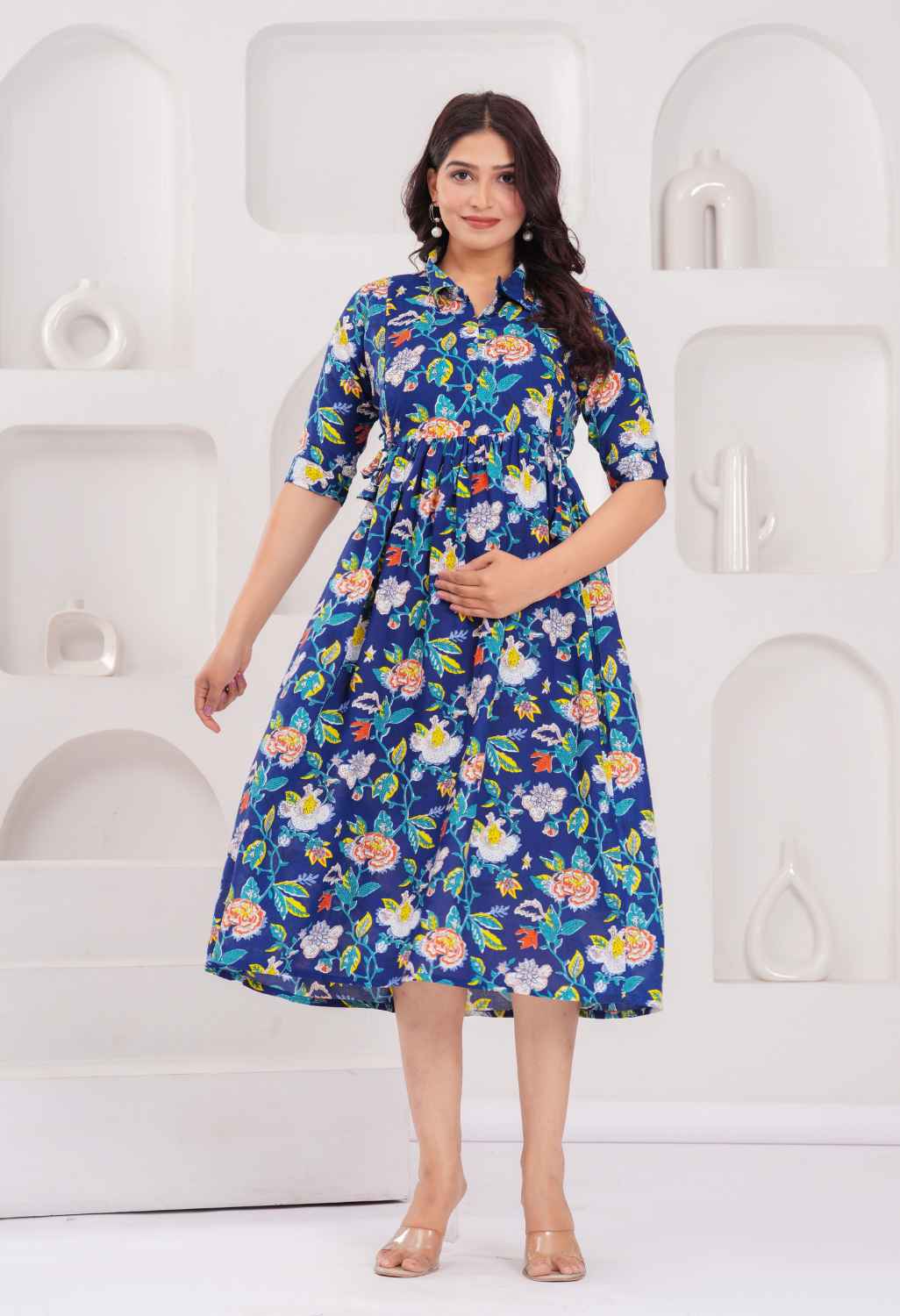 Navy Blue Floral Printed Collared Viscose Rayon Maternity & Feeding Midi Dress