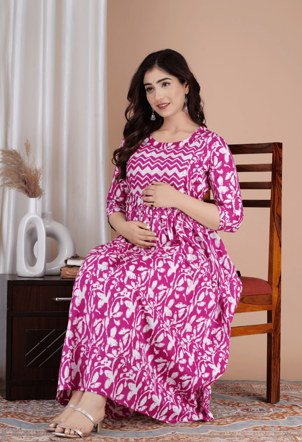 Rani Pink & White Abstract Printed Viscose Rayon Maternity & Feeding Midi Dress