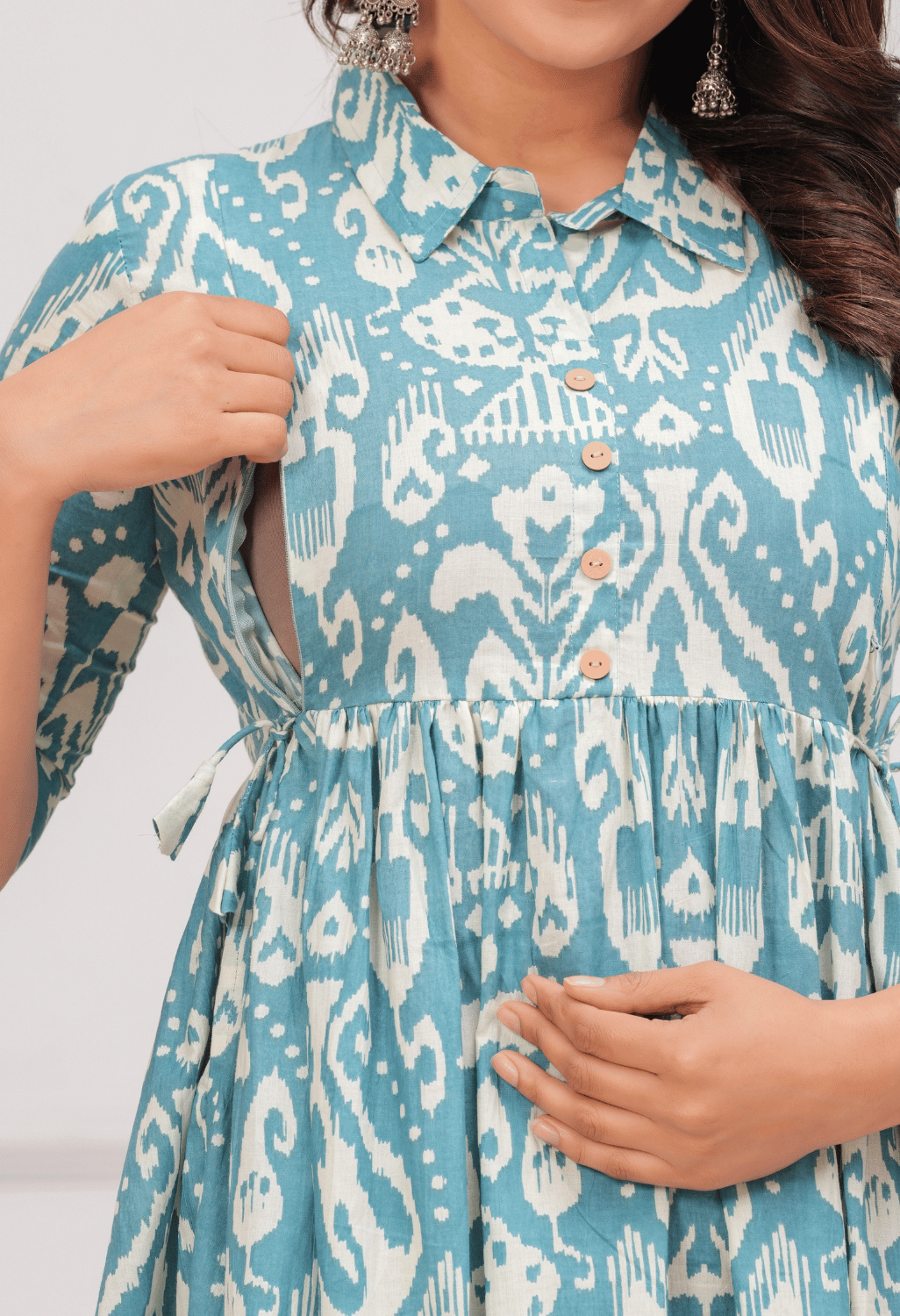 Sky Blue Ikat Printed Collared Viscose Rayon Maternity & Feeding Midi Dress