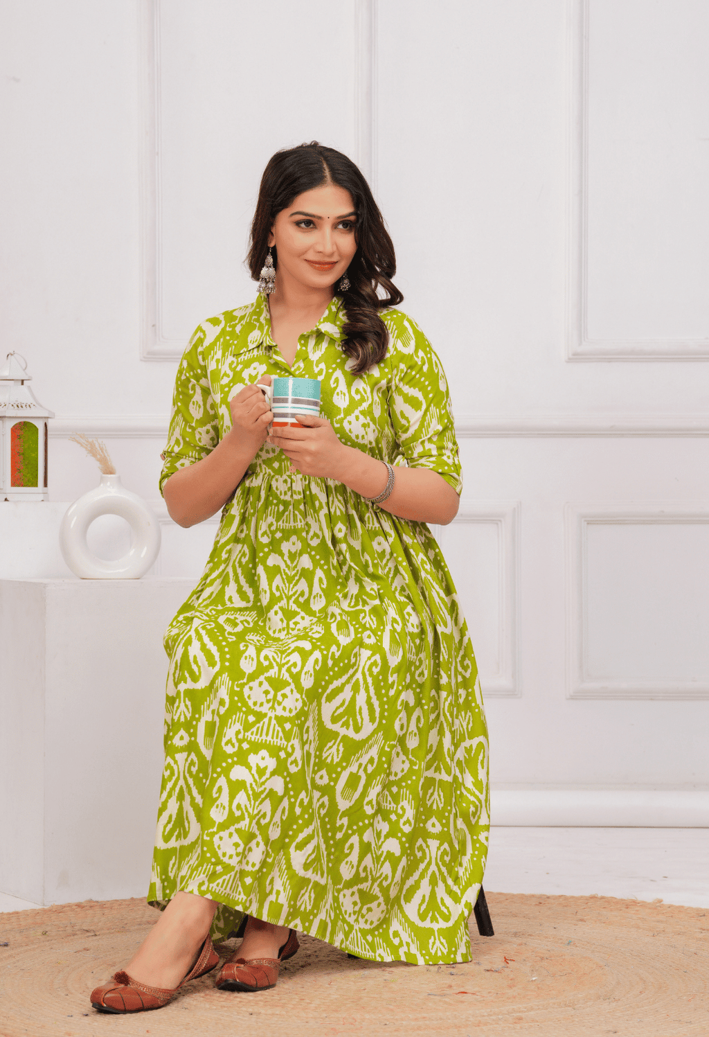 Lime Green Ikat Printed Collared Viscose Rayon Maternity & Feeding Midi Dress