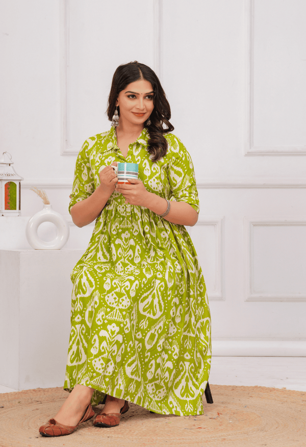 Lime Green Ikat Printed Collared Viscose Rayon Maternity & Feeding Midi Dress