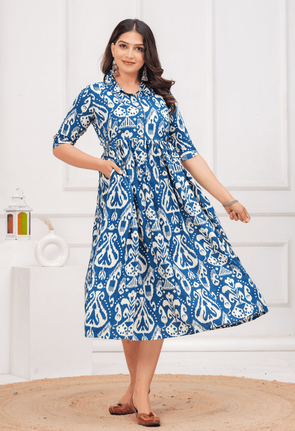 Royal Blue Ikat Printed Collared Viscose Rayon Maternity & Feeding Midi Dress