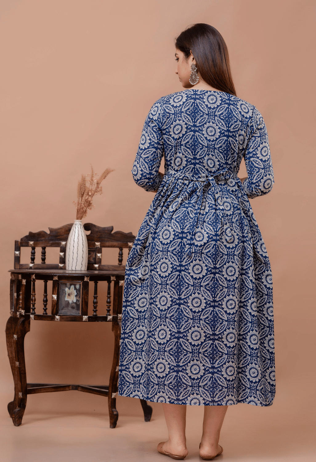 Navy Blue Floral Printed Viscose Rayon Maternity & Feeding Maxi Dress