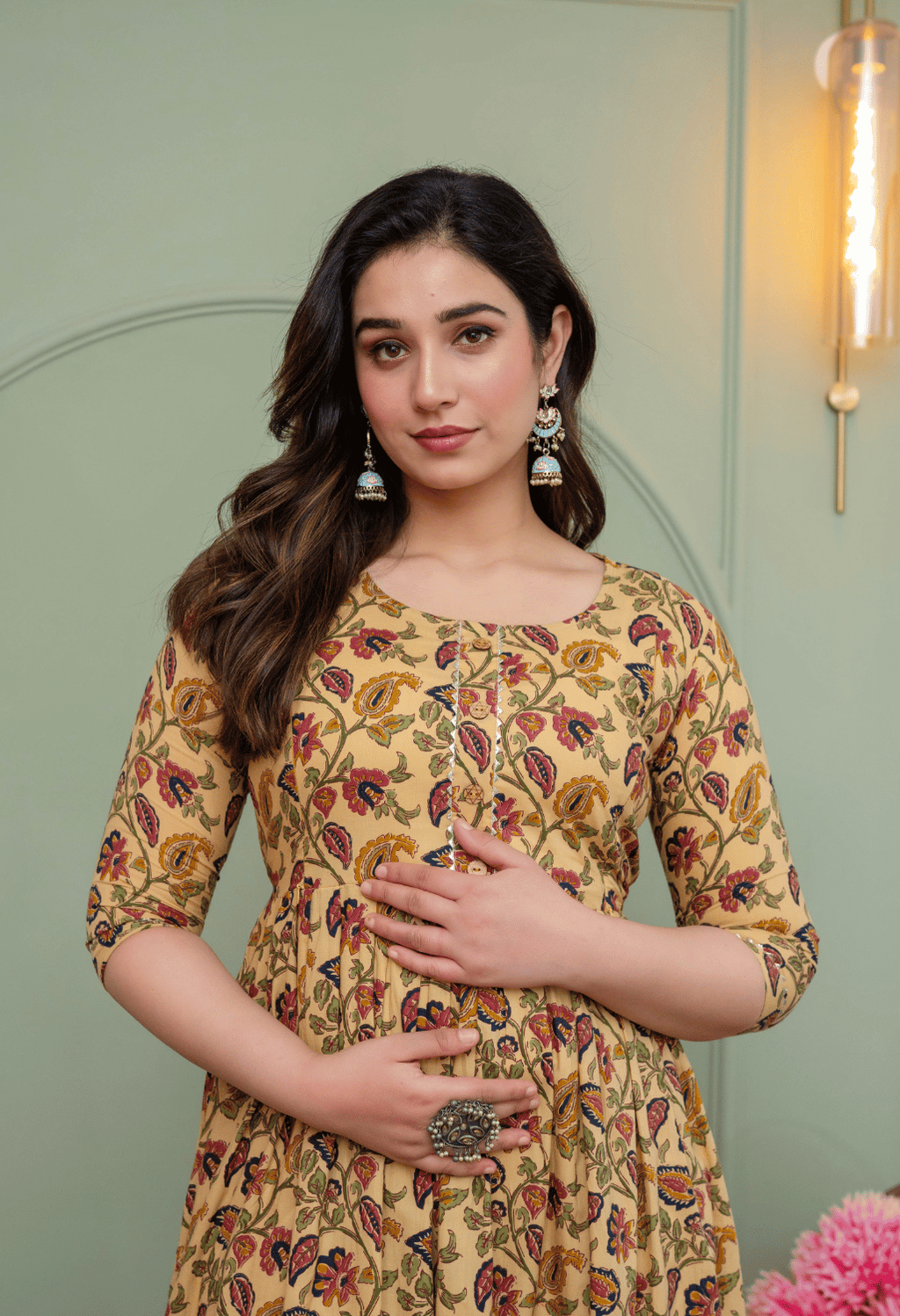 Beige Paisley Floral Printed Viscose Rayon Maternity & Feeding Maxi Dress