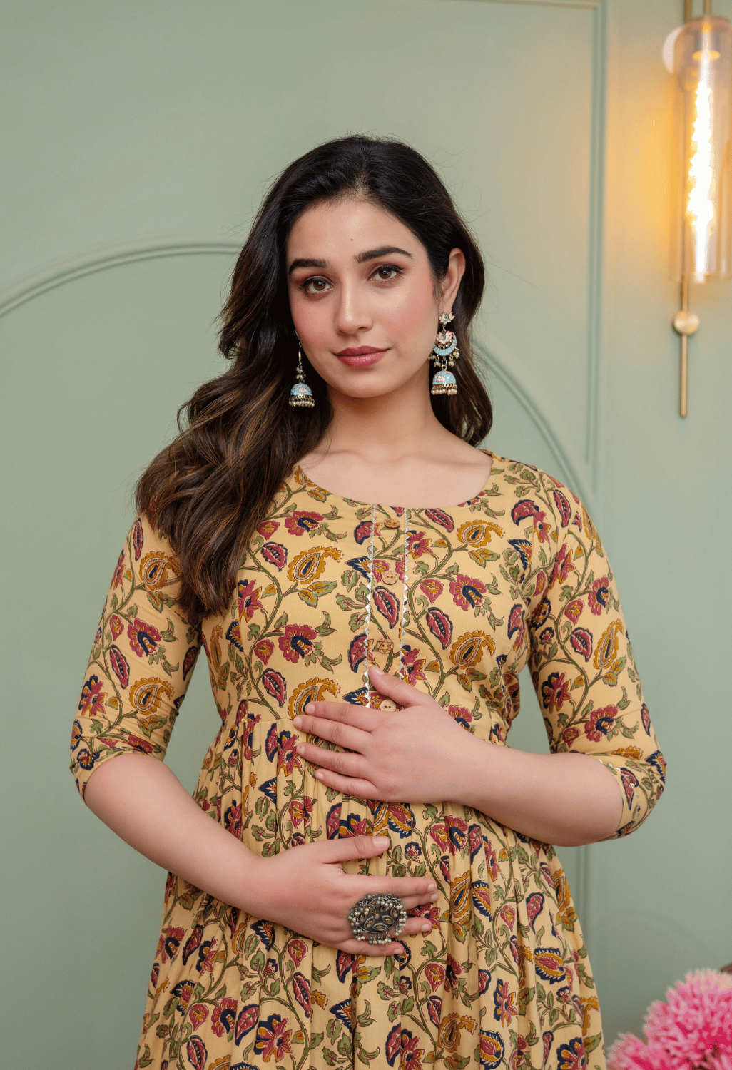Beige Paisley Floral Printed Viscose Rayon Maternity & Feeding Maxi Dress