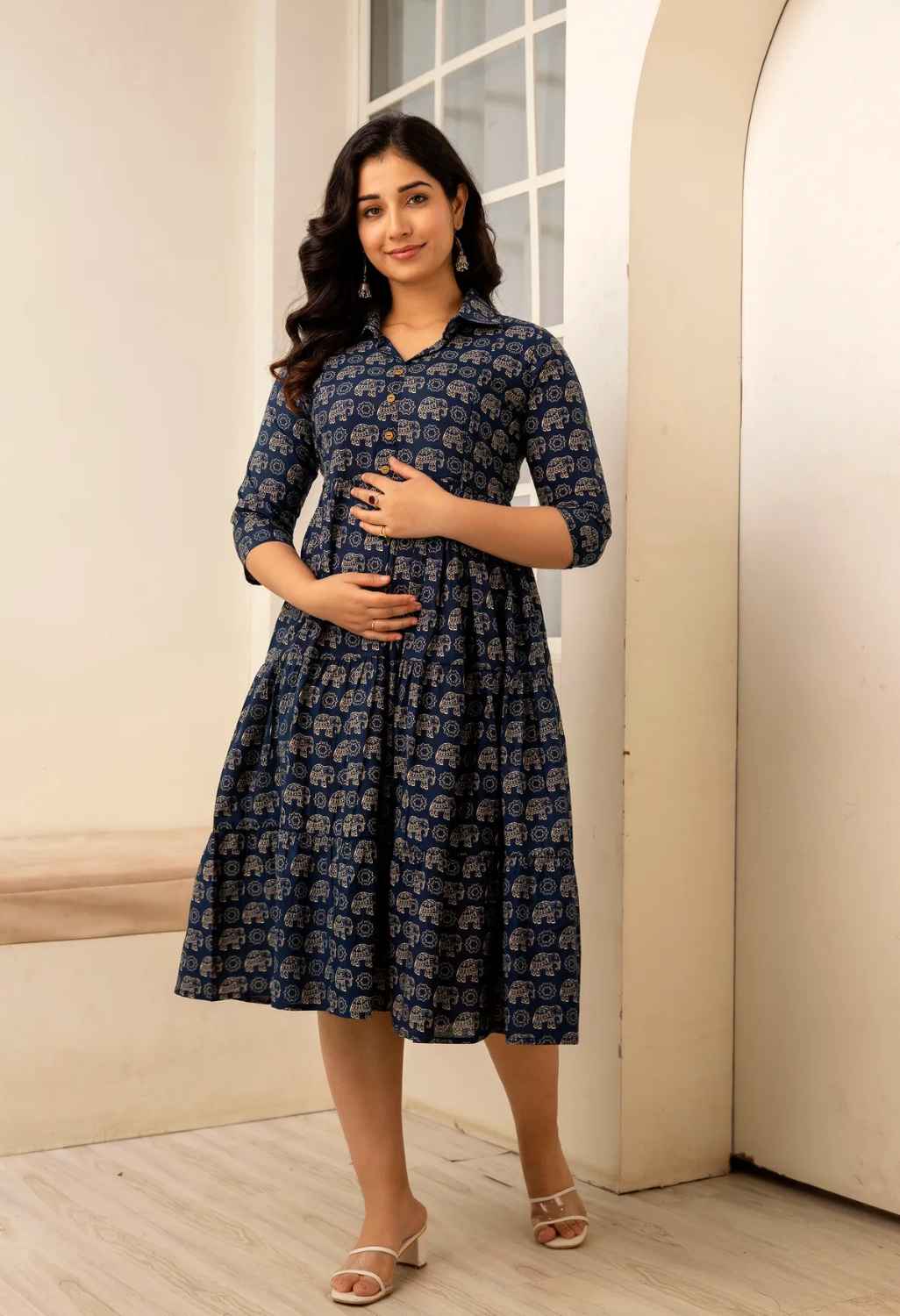 Navy Blue Elephant Printed Collared Viscose Rayon Maternity & Feeding Midi Dress Main image