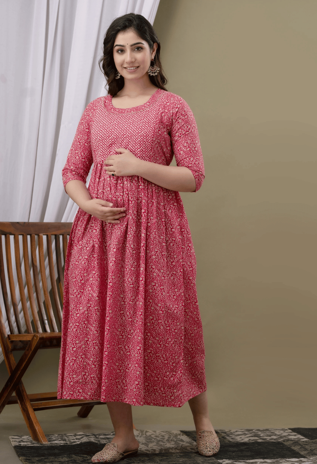 Rose Pink Printed Viscose Rayon Maternity & Feeding Maxi Dress