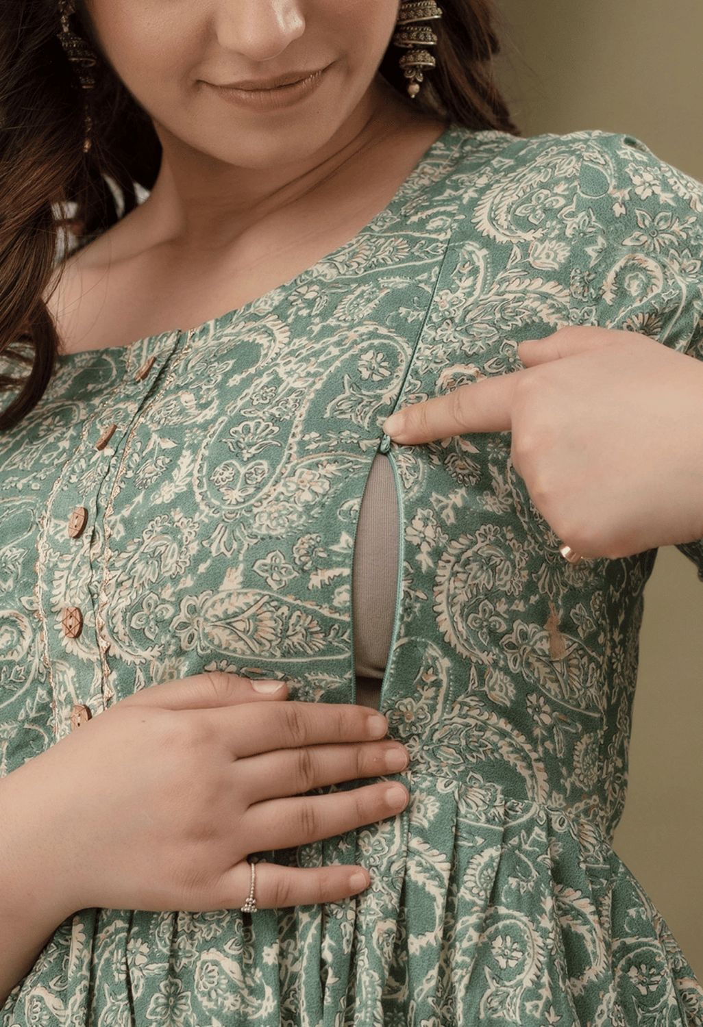 Sage Green Paisley Printed Viscose Rayon Maternity & Feeding Maxi Dress