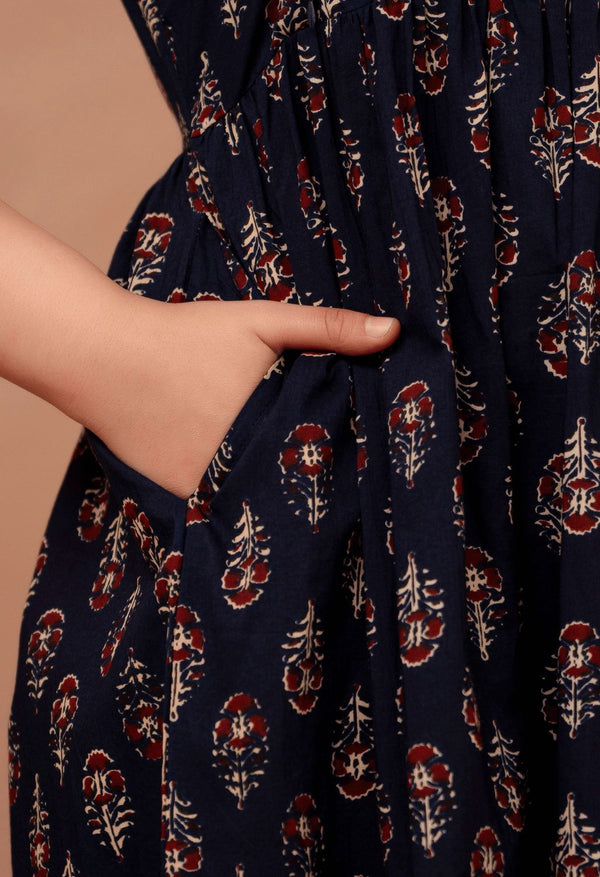 Navy Blue Buta Printed Collared Viscose Rayon Maternity & Feeding Midi Dress