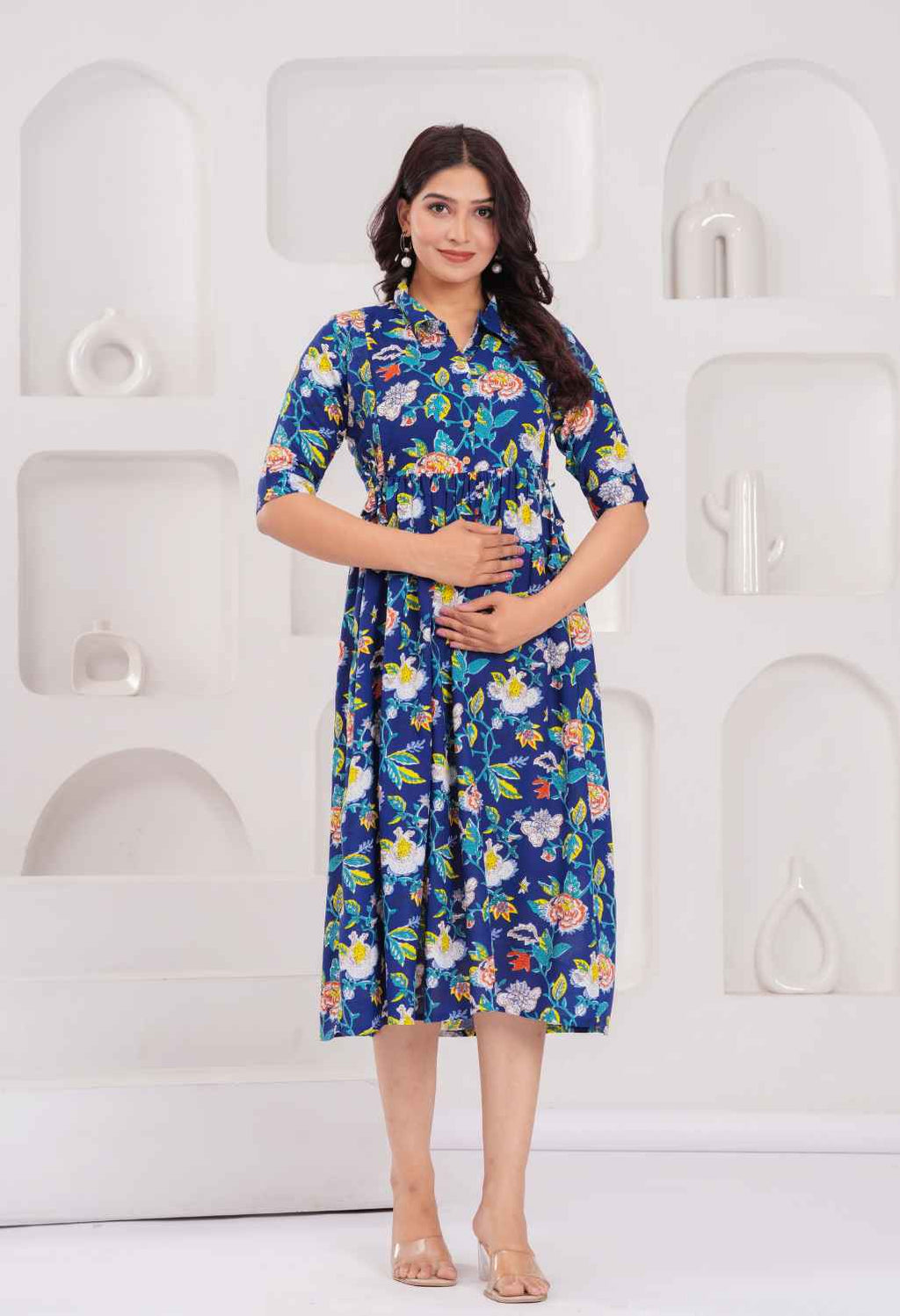 Navy Blue Floral Printed Collared Viscose Rayon Maternity & Feeding Midi Dress