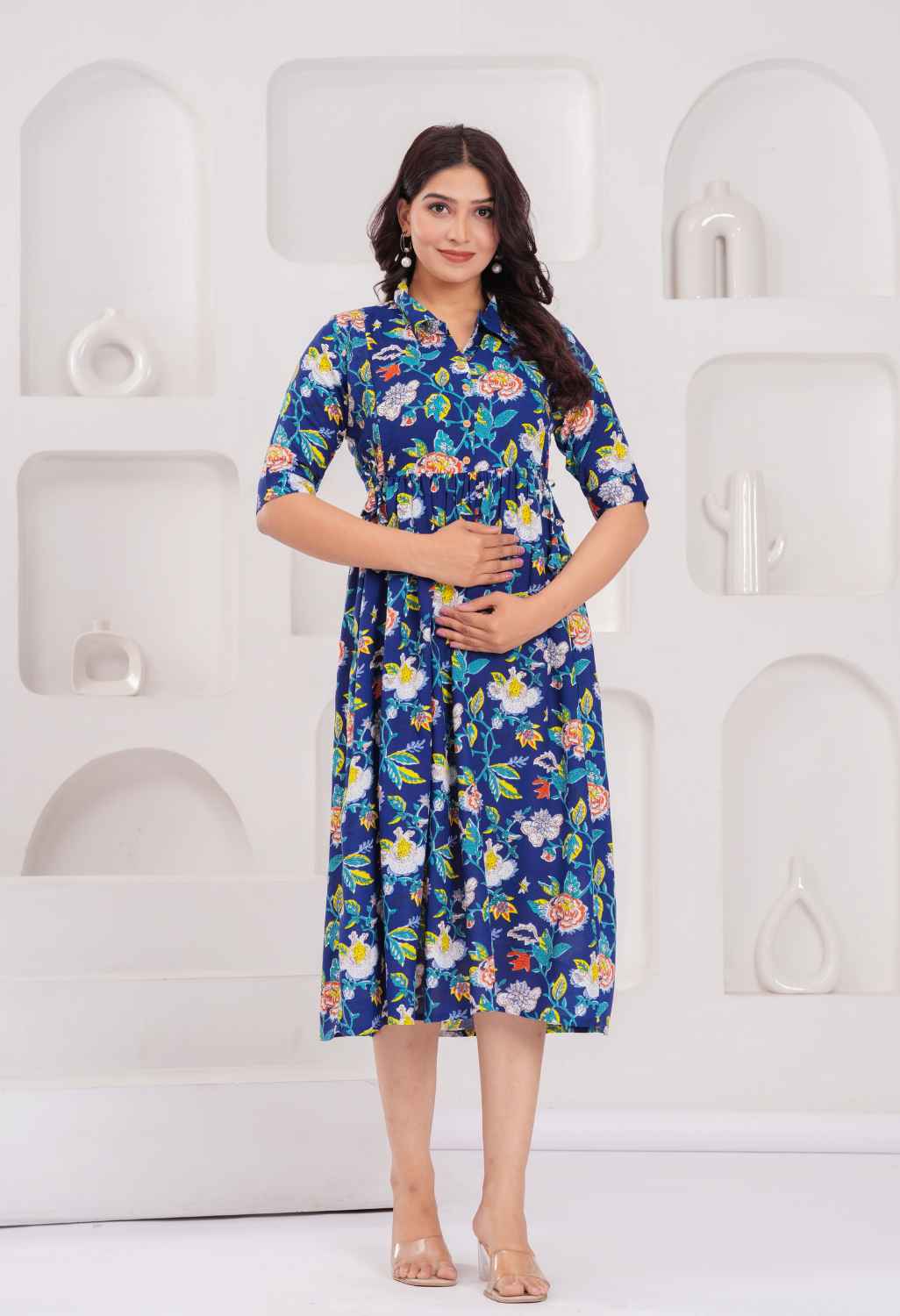 Navy Blue Floral Printed Collared Viscose Rayon Maternity & Feeding Midi Dress