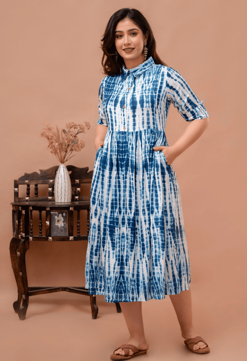 Indigo Blue Shibori Printed Collared Viscose Rayon Maternity & Feeding Midi Dress