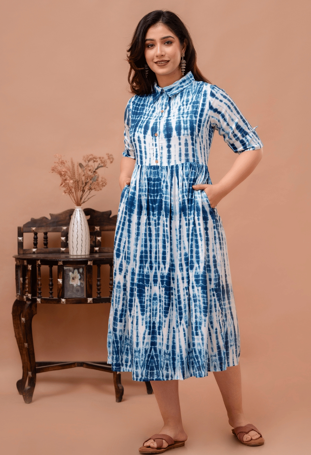 Indigo Blue Shibori Printed Collared Viscose Rayon Maternity & Feeding Midi Dress