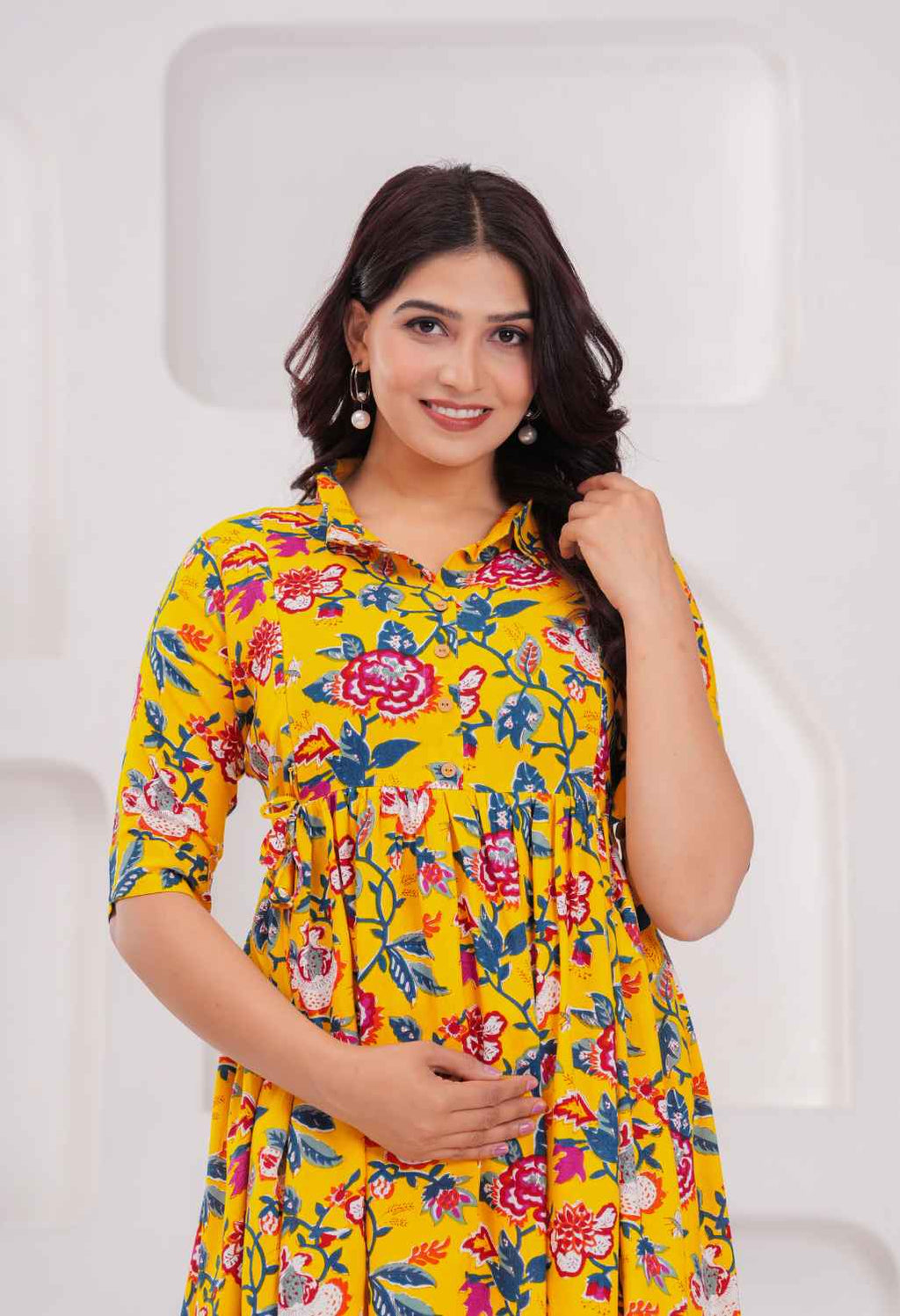 Mustard Yellow Floral Printed Collared Viscose Rayon Maternity & Feeding Midi Dress