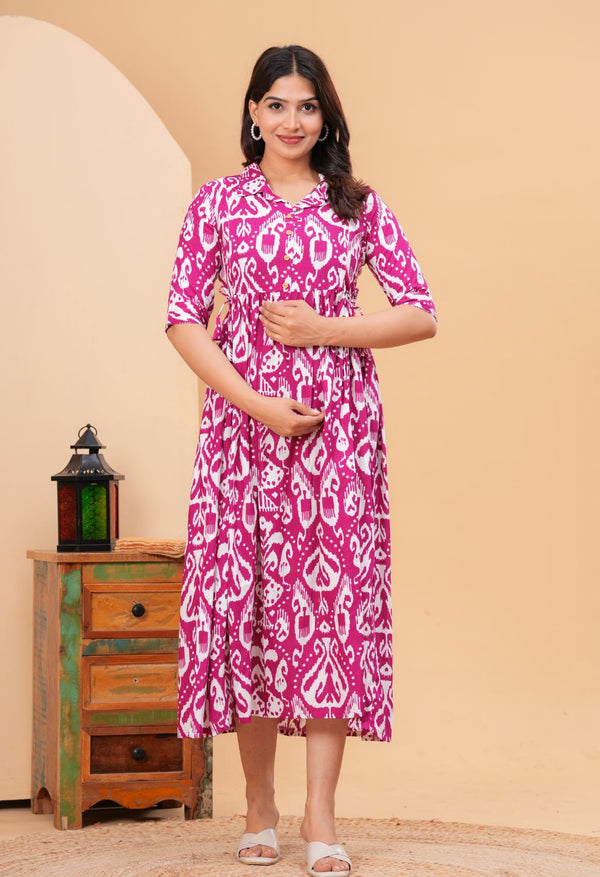 Pink Ikat Printed Collared Viscose Rayon Maternity & Feeding Midi Dress