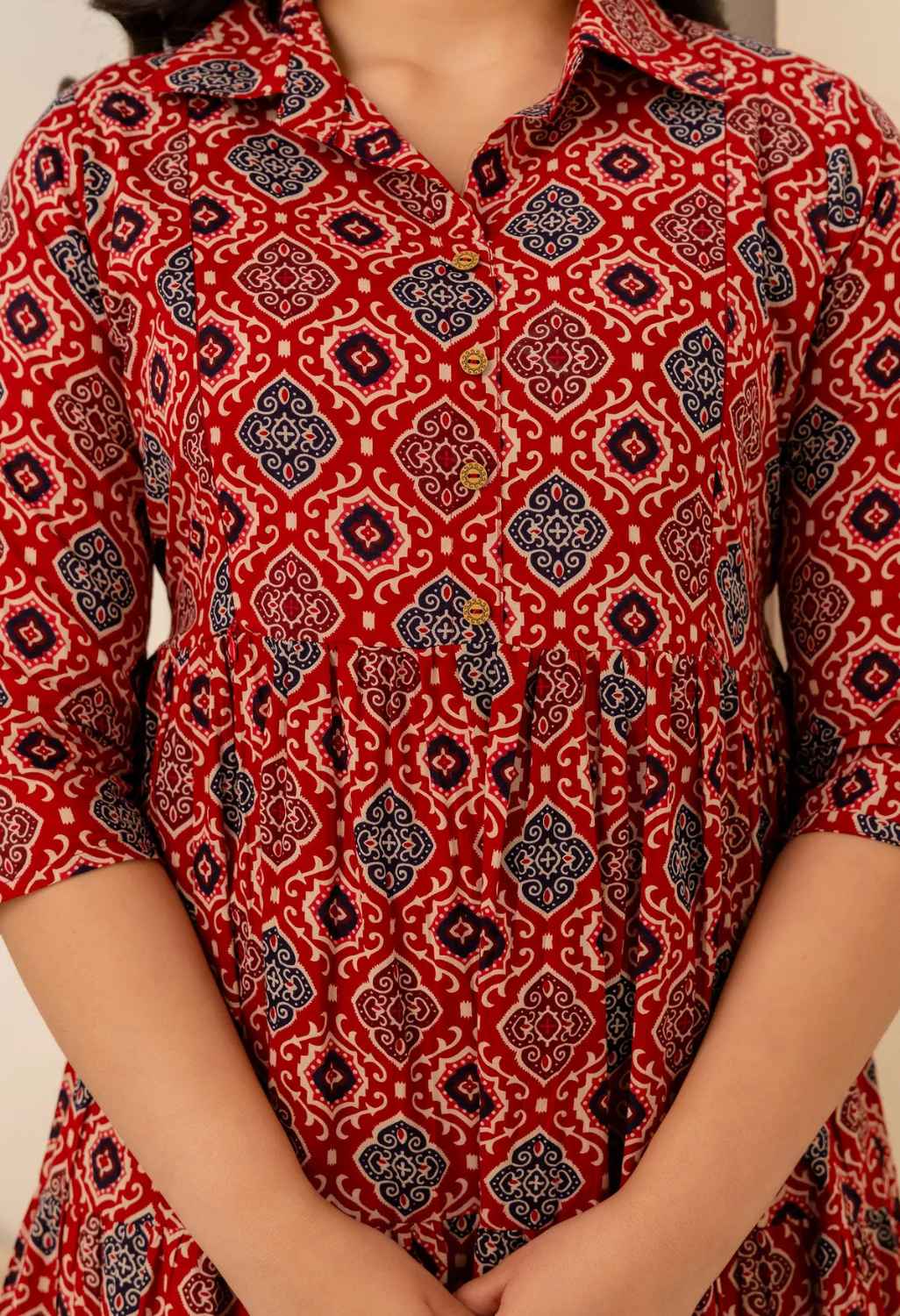 Maroon Geometric Printed Collared Viscose Rayon Maternity & Feeding Midi Dress