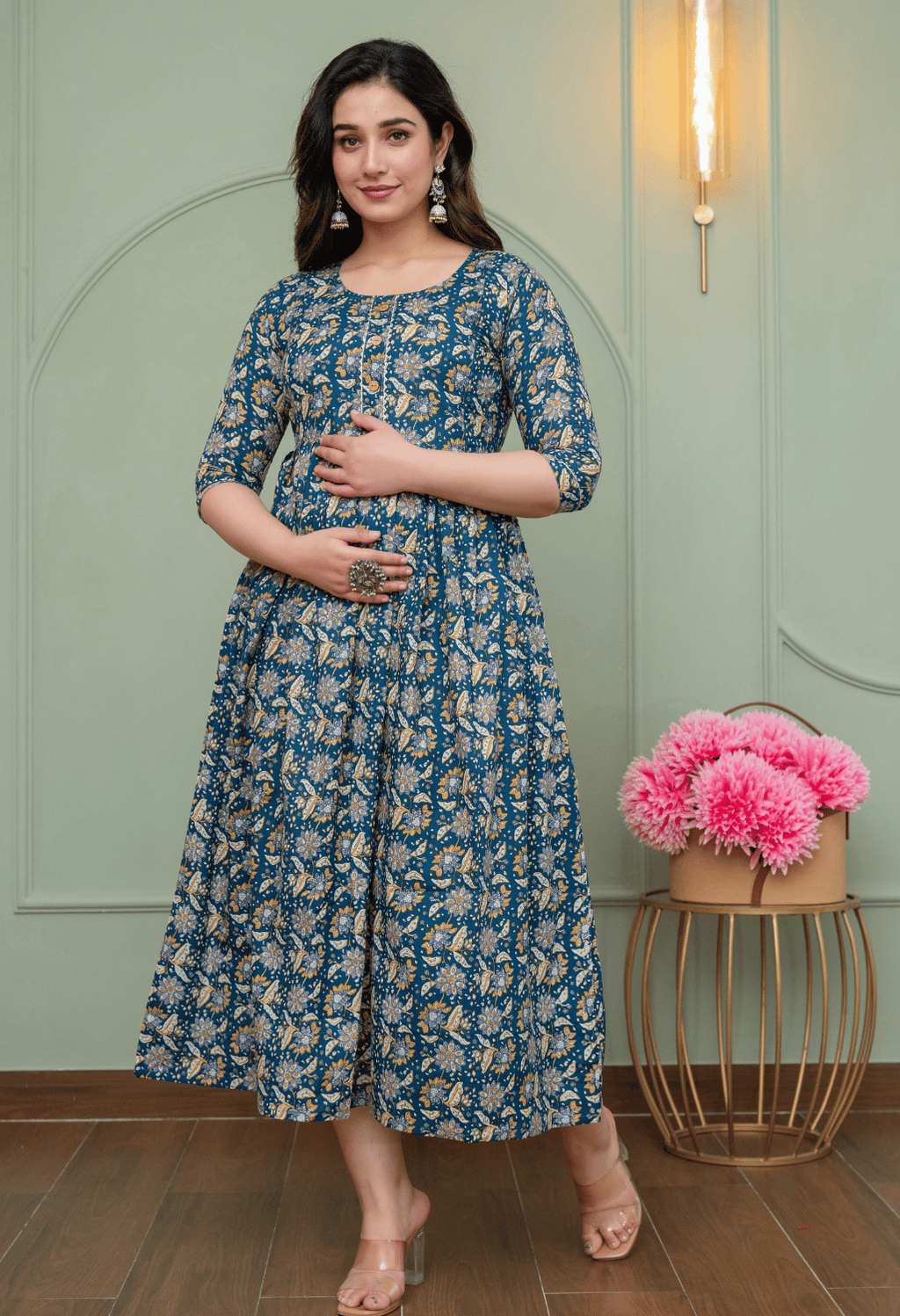 Teal Blue Vintage Floral Printed Viscose Rayon Maternity & Feeding Maxi Dress