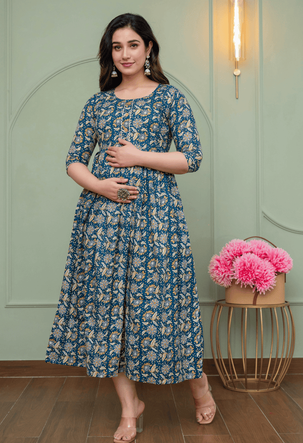 Teal Blue Vintage Floral Printed Viscose Rayon Maternity & Feeding Maxi Dress