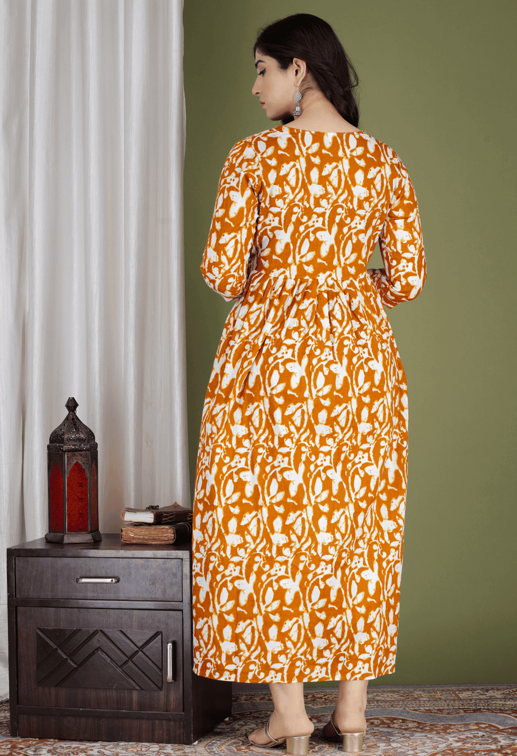 Orange & White Abstract Printed Viscose Rayon Maternity & Feeding Midi Dress