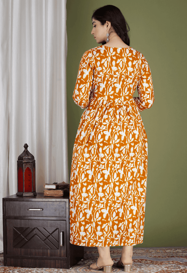 Orange & White Abstract Printed Viscose Rayon Maternity & Feeding Midi Dress