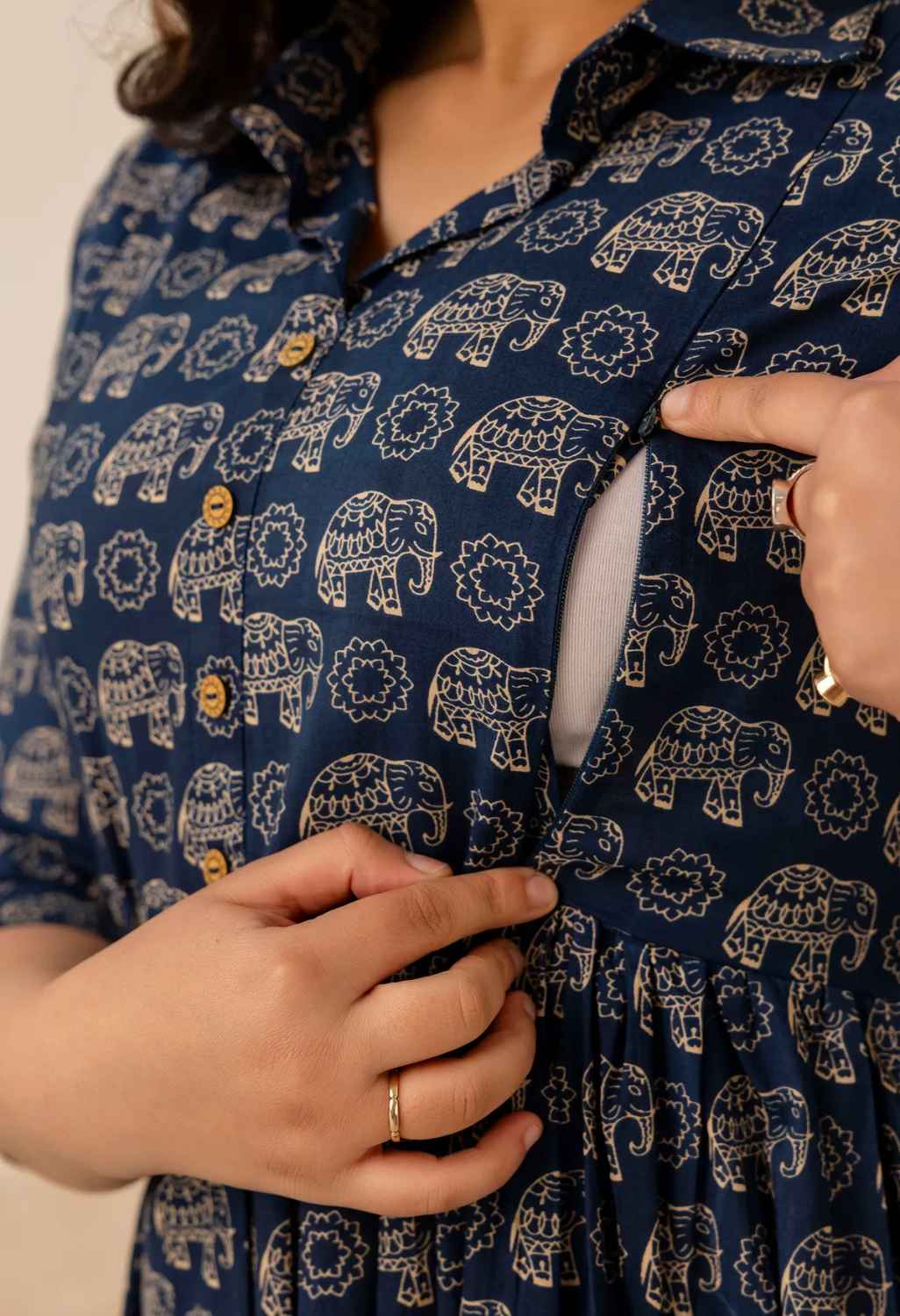 Navy Blue Elephant Printed Collared Viscose Rayon Maternity & Feeding Midi Dress