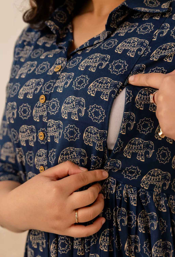 Navy Blue Elephant Printed Collared Viscose Rayon Maternity & Feeding Midi Dress