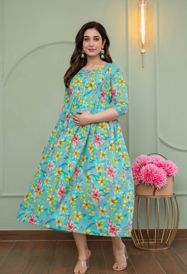 Sky Blue Floral Printed Viscose Rayon Maternity & Feeding Maxi Dress