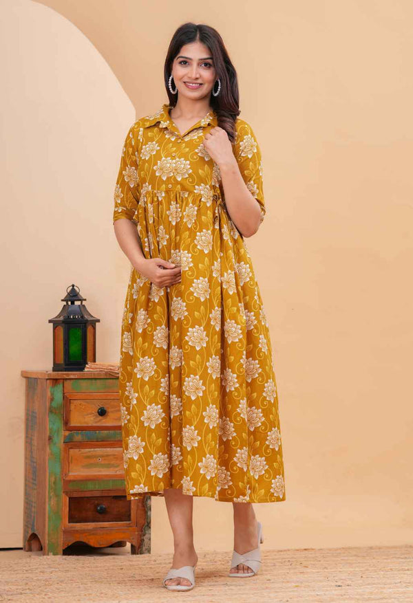 Mustard Floral Printed Collared Viscose Rayon Maternity & Feeding Midi Dress