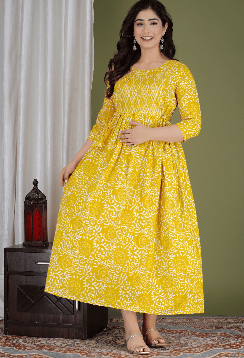 Mustard Yellow Floral Printed Viscose Rayon Maternity & Feeding Maxi Dress