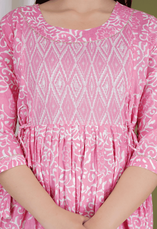Pink & White Floral Printed Viscose Rayon Maternity & Feeding Midi Dress