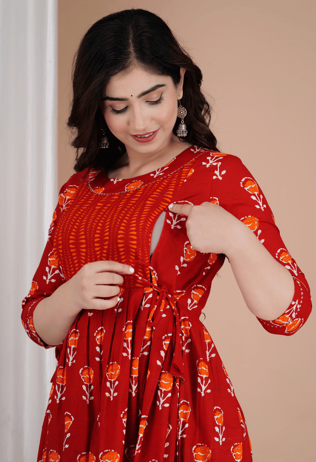Brick Red Floral Printed Viscose Rayon Maternity & Feeding Maxi Dress