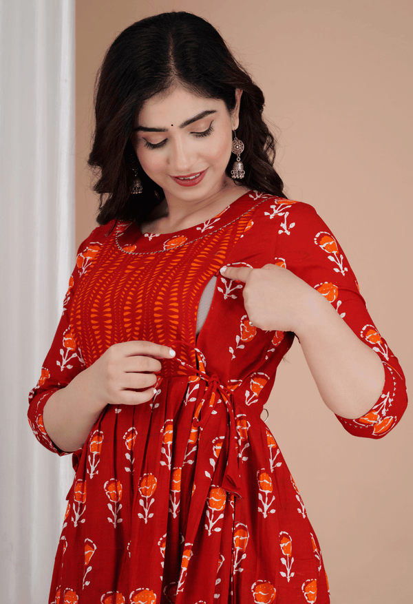 Brick Red Floral Printed Viscose Rayon Maternity & Feeding Maxi Dress