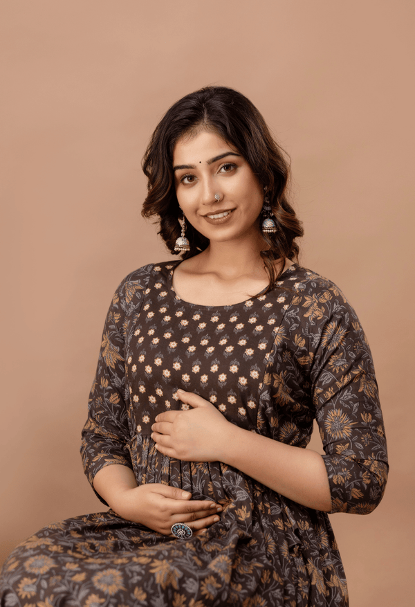 Coffee Brown Floral Printed Viscose Rayon Maternity & Feeding Maxi Dress