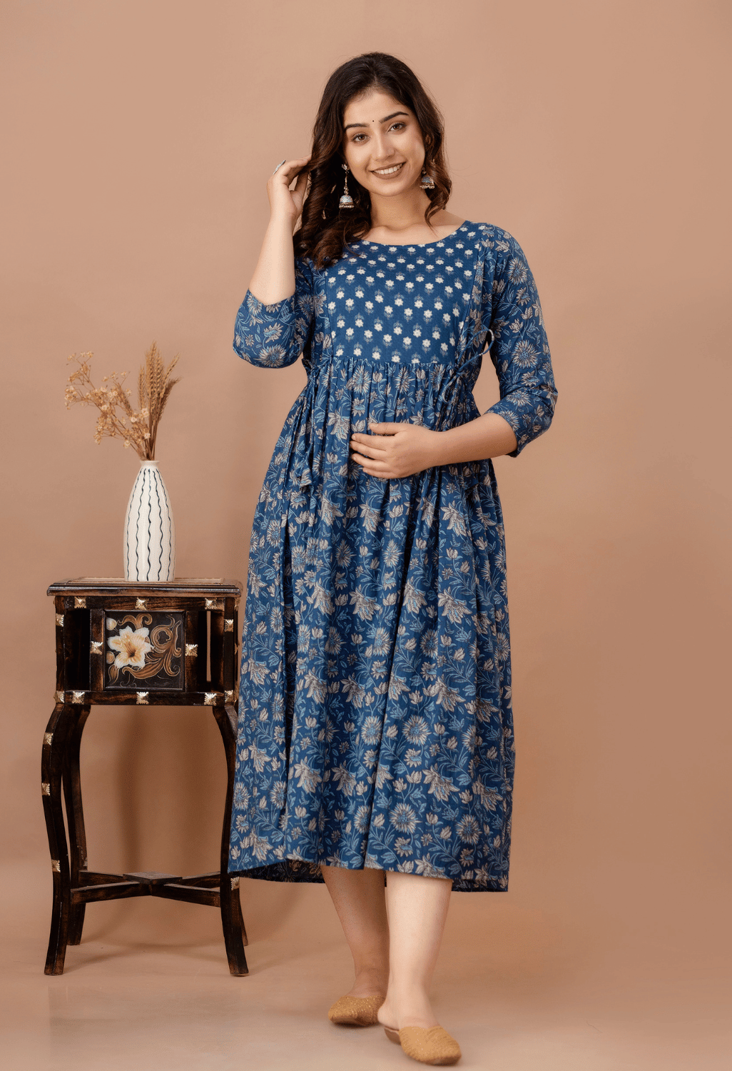 Dusty Blue Floral Printed Viscose Rayon Maternity & Feeding Maxi Dress