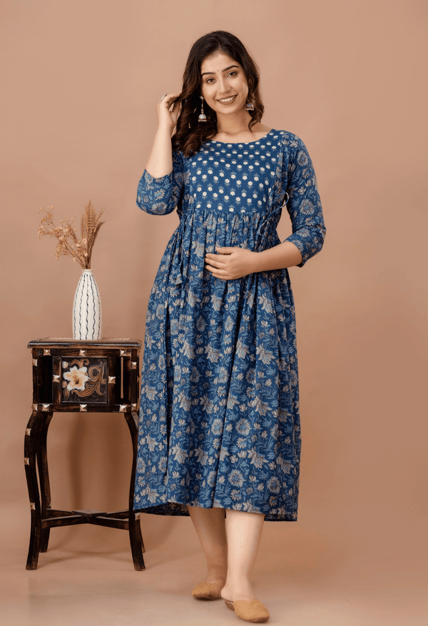 Dusty Blue Floral Printed Viscose Rayon Maternity & Feeding Maxi Dress