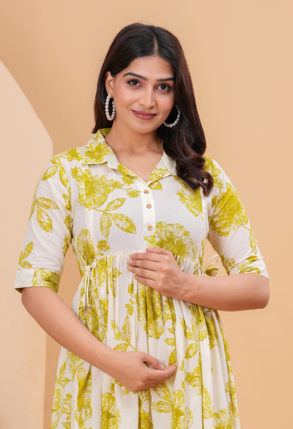 White & Mustard Floral Printed Collared Viscose Rayon Maternity & Feeding Midi Dress