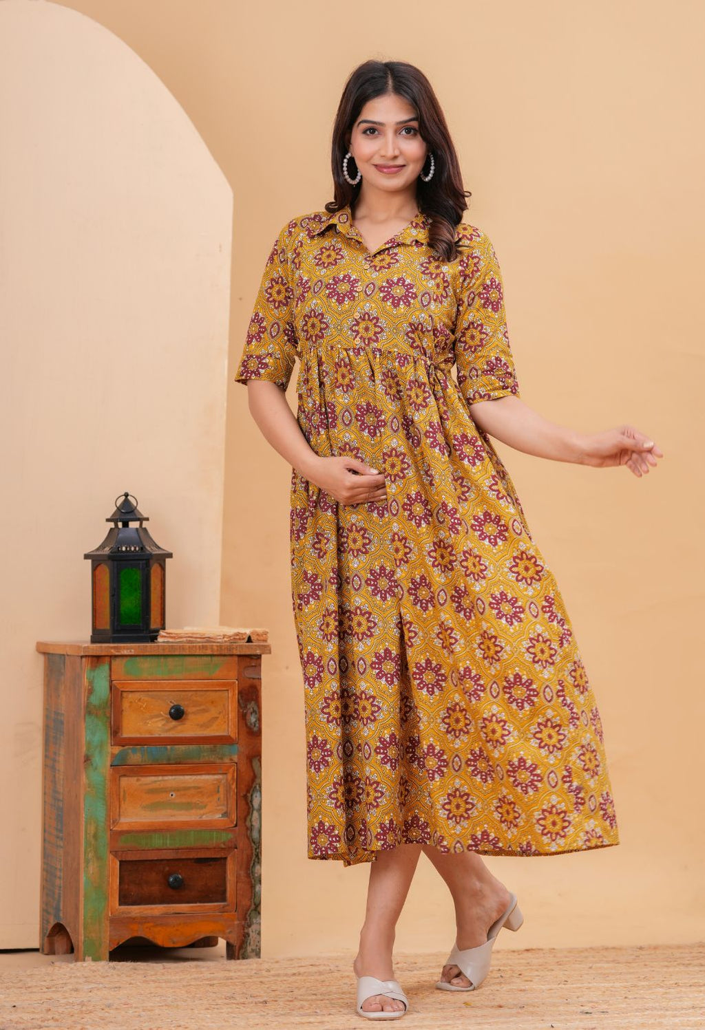Mustard Ethnic Printed Collared Viscose Rayon Maternity & Feeding Midi Dress