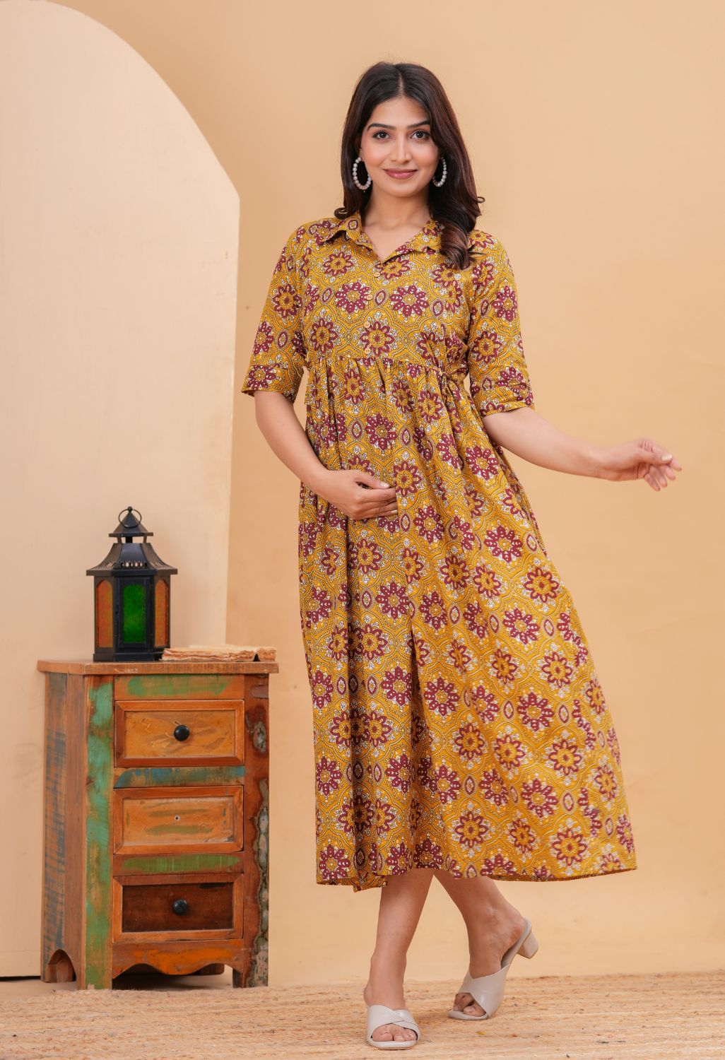 Mustard Ethnic Printed Collared Viscose Rayon Maternity & Feeding Midi Dress