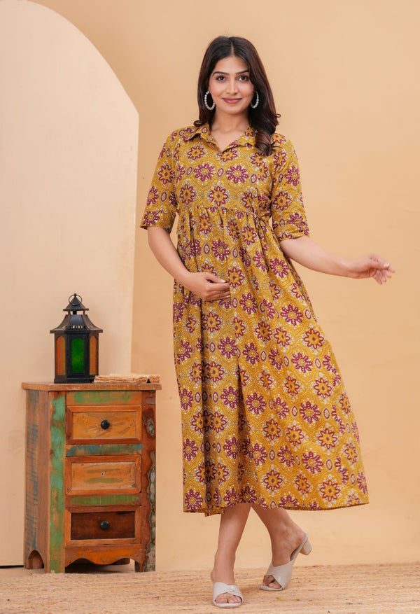 Mustard Ethnic Printed Collared Viscose Rayon Maternity & Feeding Midi Dress
