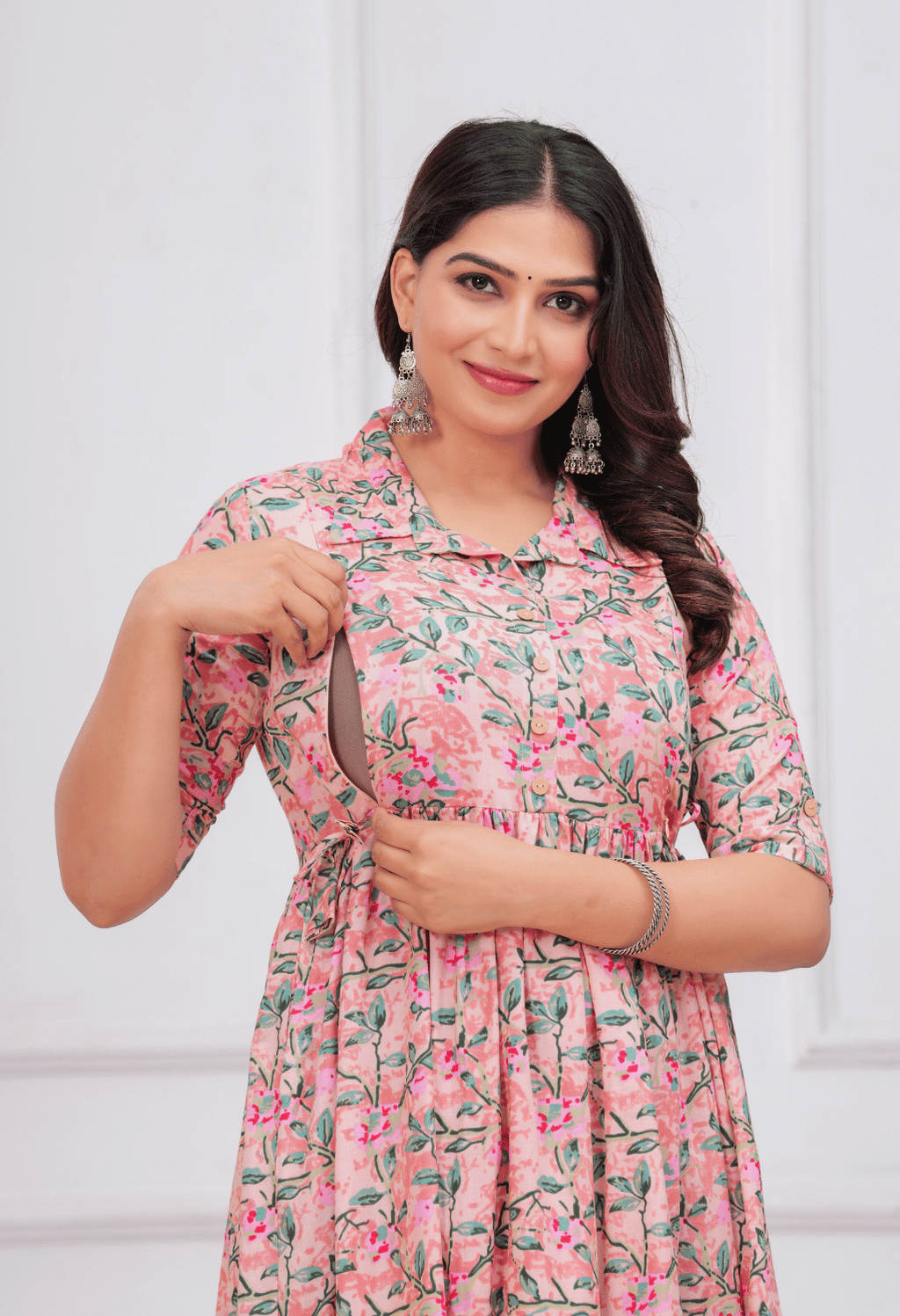 Peach Floral Printed Collared Viscose Rayon Maternity & Feeding Maxi Dress