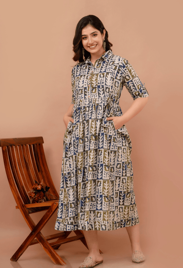 White Abstract Block Printed Collared Viscose Rayon Maternity & Feeding Maxi Dress