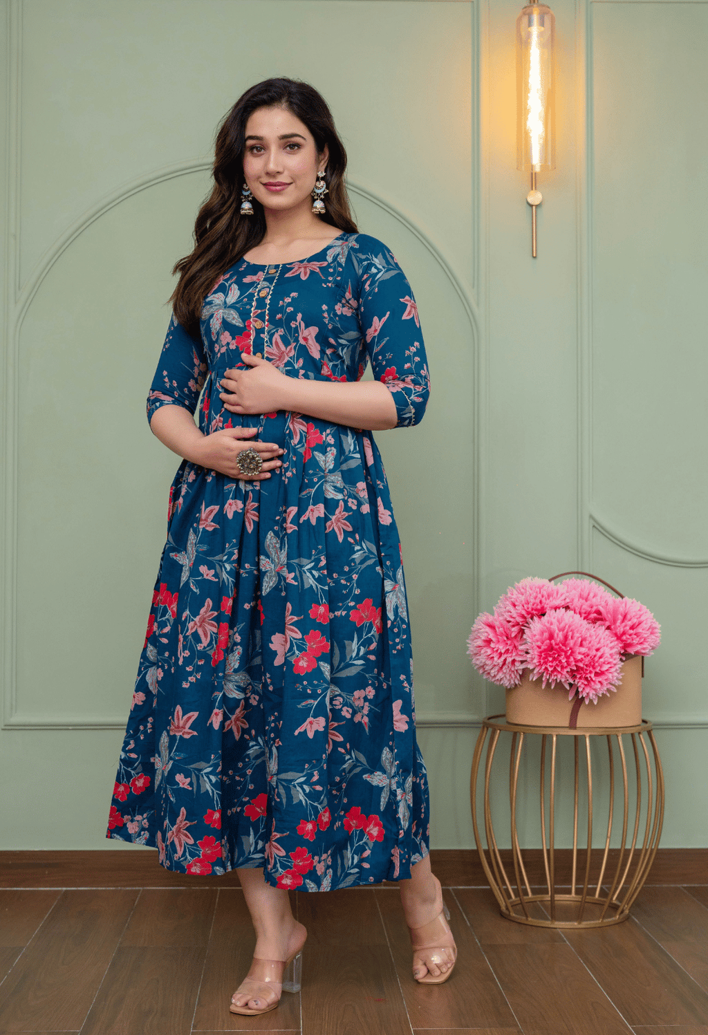 Navy Blue Botanical Floral Printed Viscose Rayon Maternity & Feeding Maxi Dress