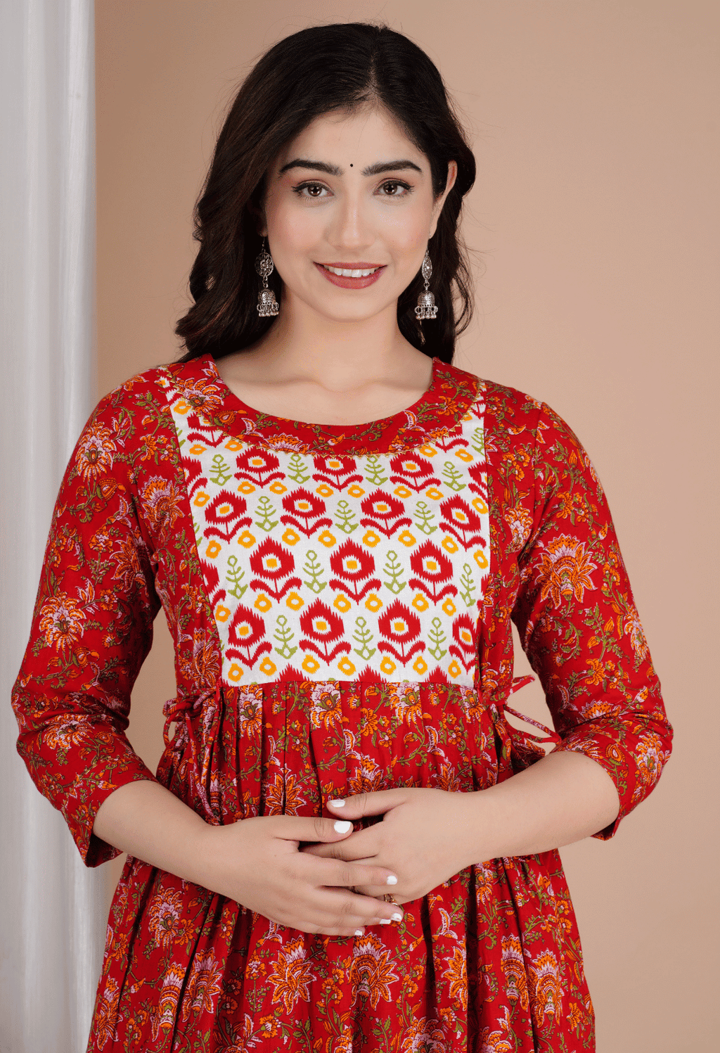 Rust Red Floral Printed Viscose Rayon Maternity & Feeding Maxi Dress