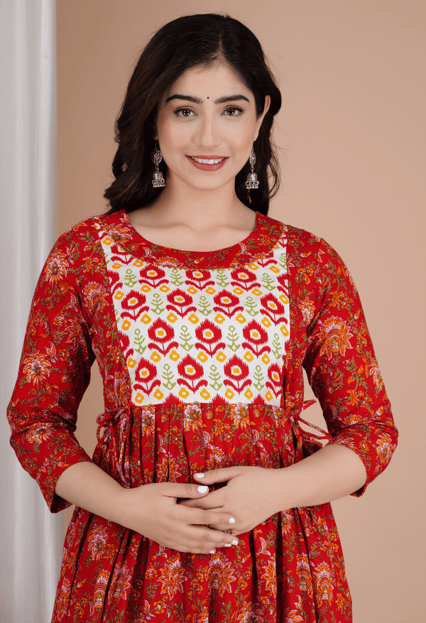 Rust Red Floral Printed Viscose Rayon Maternity & Feeding Maxi Dress