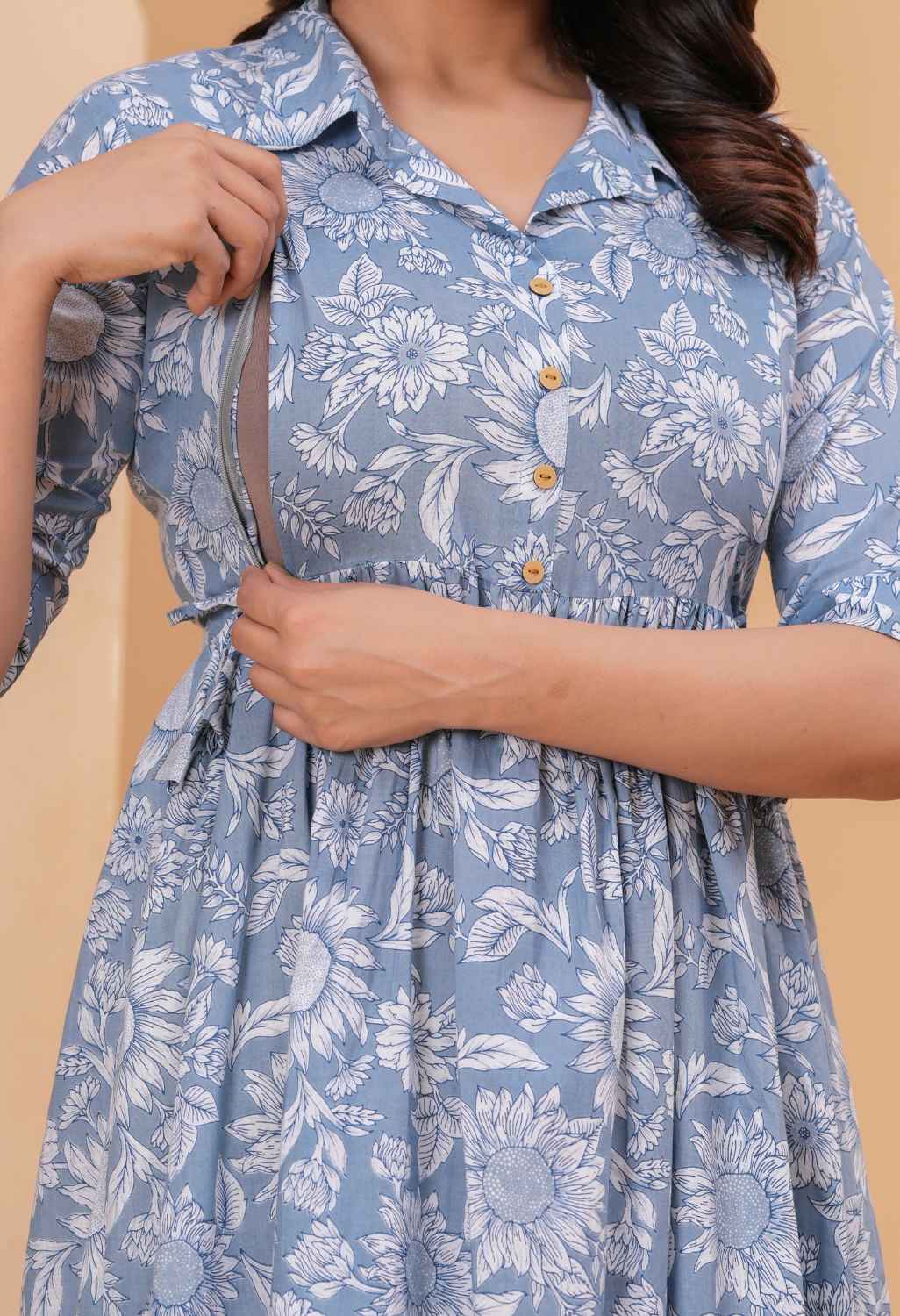 Bloom Mist Blue Floral Printed Collared Viscose Rayon Maternity & Feeding Midi Dress