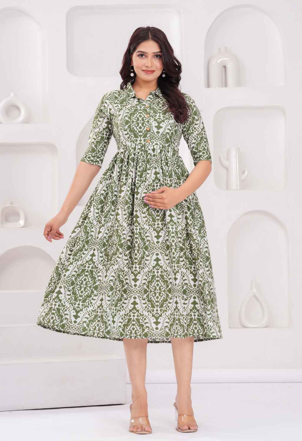 Olive Green Abstract Printed Collared Viscose Rayon Maternity & Feeding Midi Dress