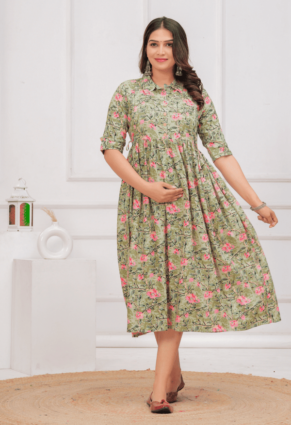 Olive Green Floral Printed Collared Viscose Rayon Maternity & Feeding Midi Dress