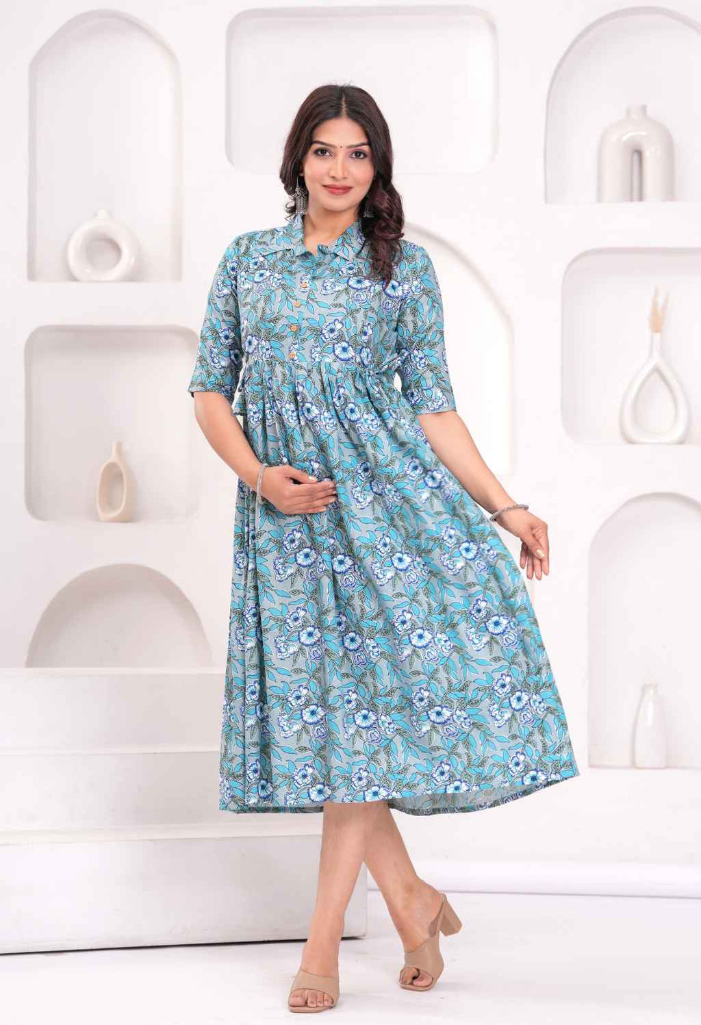 Sky Blue Floral Printed Collared Viscose Rayon Maternity & Feeding Midi Dress